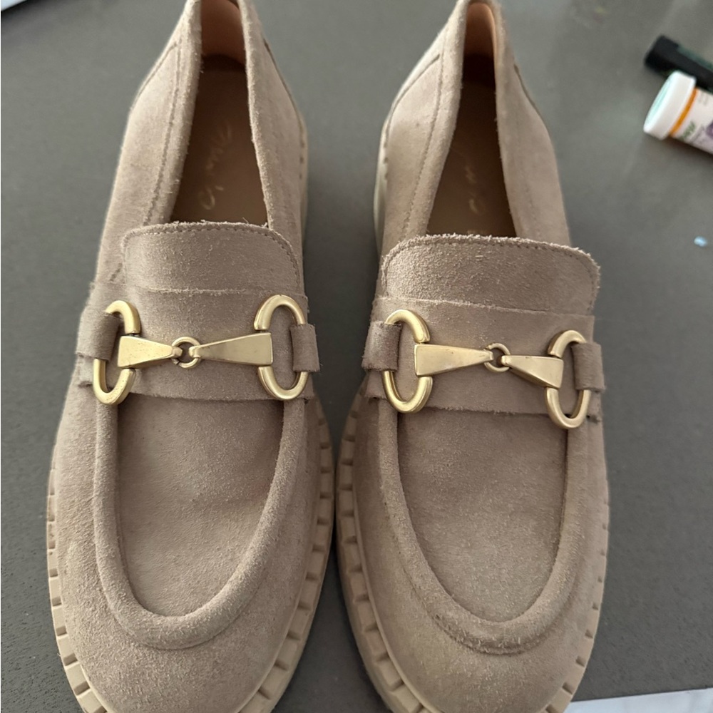 Taupe Suede Slip-On Loafers with Gold Bit Accent